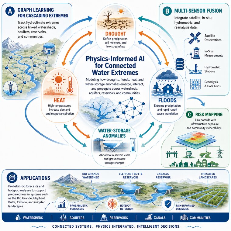 Illustrated diagram linking watersheds, aquifers, reservoirs and communities with arrows showing how one extreme propagates into another.