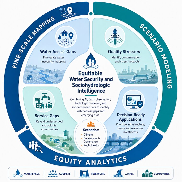 Illustrated map-style diagram of rural water infrastructure and community service areas shaded to show differences in water access.